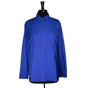 Columbia Womens Shirt Button Up Royal Blue PFG Omni Shade Pleated Pockets Top XL